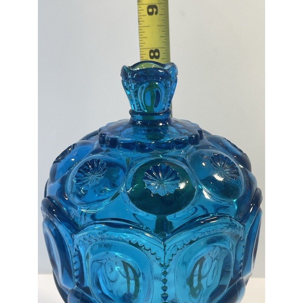 VTG LE Smith 8" Blue Glass Moon & Star Lidded Pedestal Compote Candy Dish GLOW - Picture 9 of 12